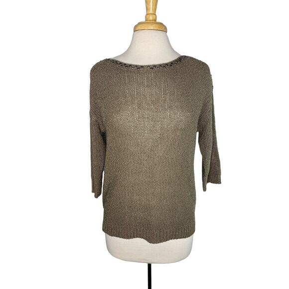CHICOS Stone Beige Metallic Embellished Chunky Knit Pullover Sweater Medium (1) - Picture 1 of 10